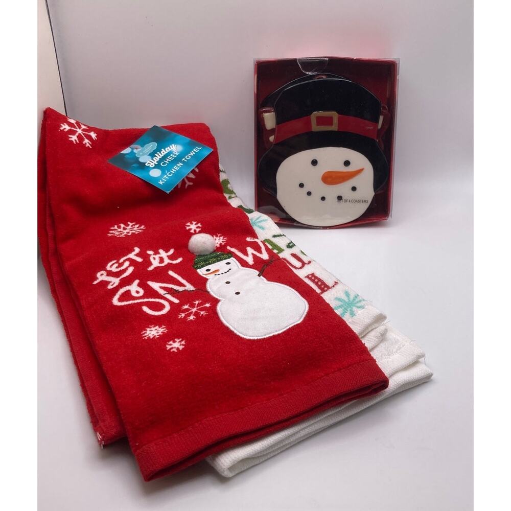 Set of four new coasters and a set of two kitchen towels both new